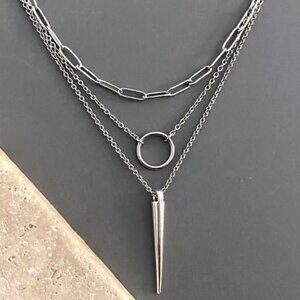 NEW, layered silver necklaces, steel NON-TARNISH CHAIN, plated SPIKE, edgy punk